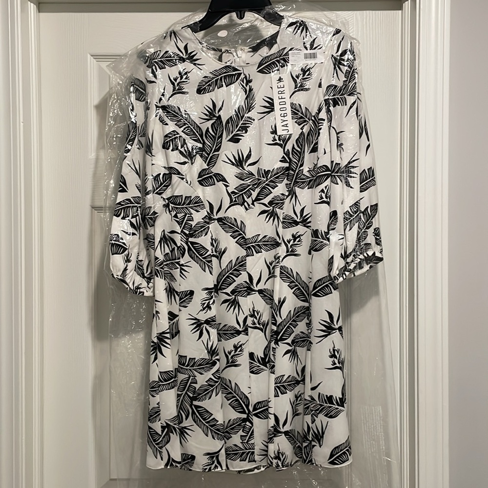 Jay Godfrey Dress "The Jean" Swing Dress Black White Feather Print Mini Size 4 - Picture 3 of 14